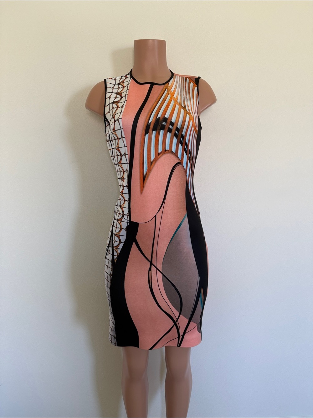 Clover Canyon Abstract Sleeveless Bodycon Dress in Coral, Black and White